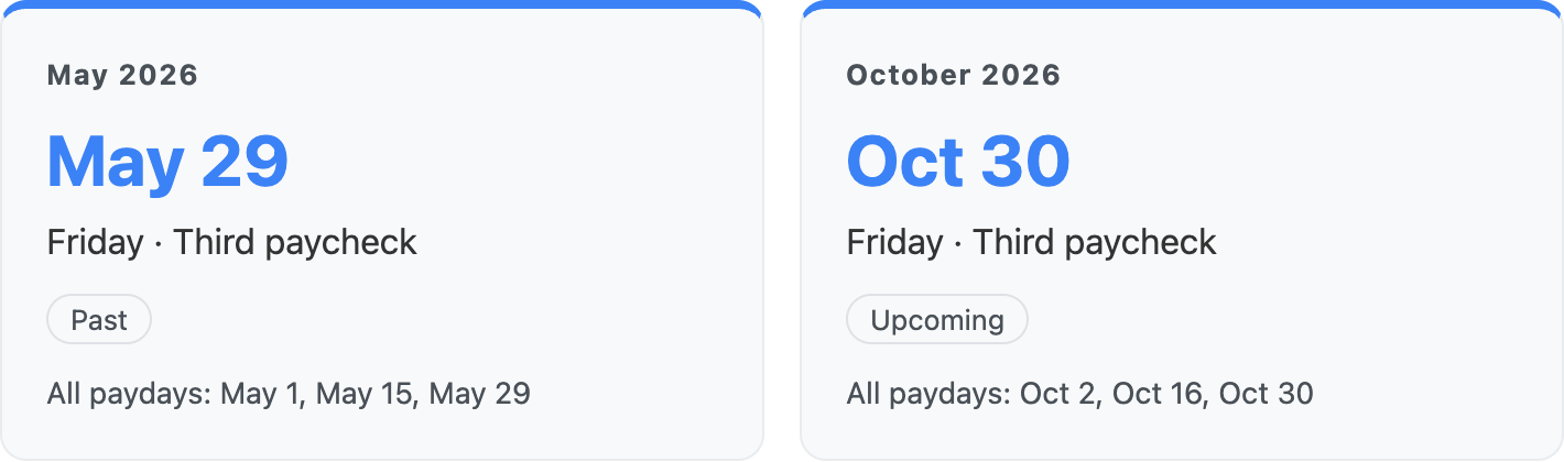 Results showing May 29 and October 30 as the third-paycheck dates for the example 2026 schedule