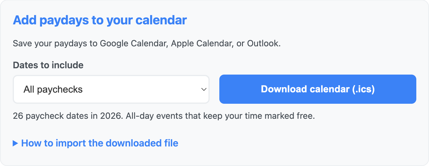 Calendar download section with All paychecks selected and a Download calendar button